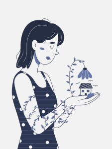 ¿Por qué me cuesta poner límites? Entendiendo el miedo a decir "no" 3 ilustración de una mujer sosteniendo una pequeña casa que simboliza su bienestar